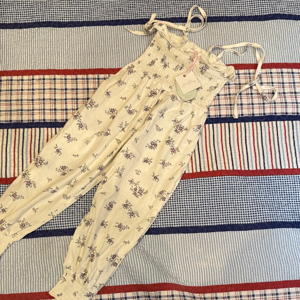 SweetHoney Cream and Purple Floral romper NWT